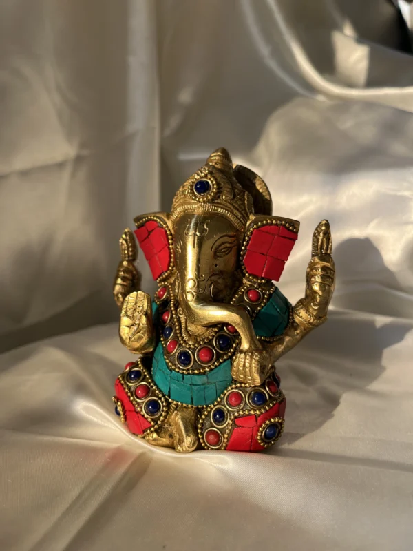 Detailed Pure Brass Statue Colourful Stonework Meenakari Ganesha Idol