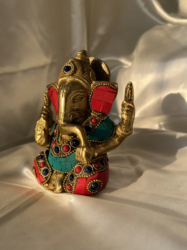 Detailed Pure Brass Statue Colourful Stonework Meenakari Ganesha Idol