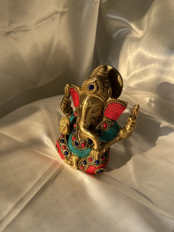 Detailed Pure Brass Statue Colourful Stonework Meenakari Ganesha Idol