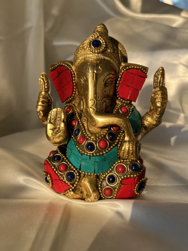 Detailed Pure Brass Statue Colourful Stonework Meenakari Ganesha Idol