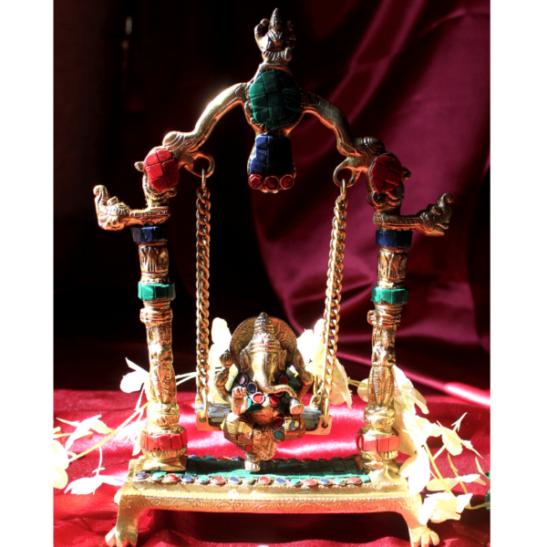 Pure Brass Ganesha swing statue colourful meenakari stonework ganpati jhula idol