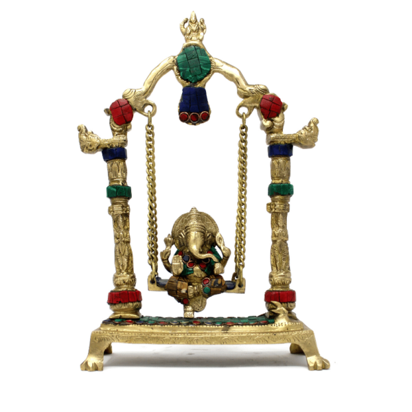 Pure Brass Ganesha swing statue colourful meenakari stonework ganpati jhula idol