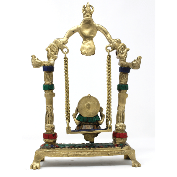 Pure Brass Ganesha swing statue colourful meenakari stonework ganpati jhula idol