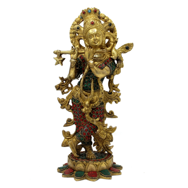 Pure Brass Krishna murti statue colourful meenakari stonework idol ooparwala