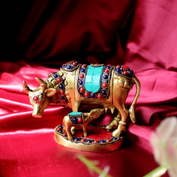 Pure Brass cow statue fine colourful meenakari stonework cow and calf idol