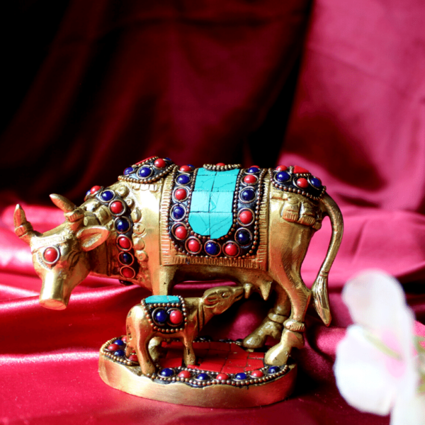 Pure Brass Fine colourful meenakari stonework cow and calf