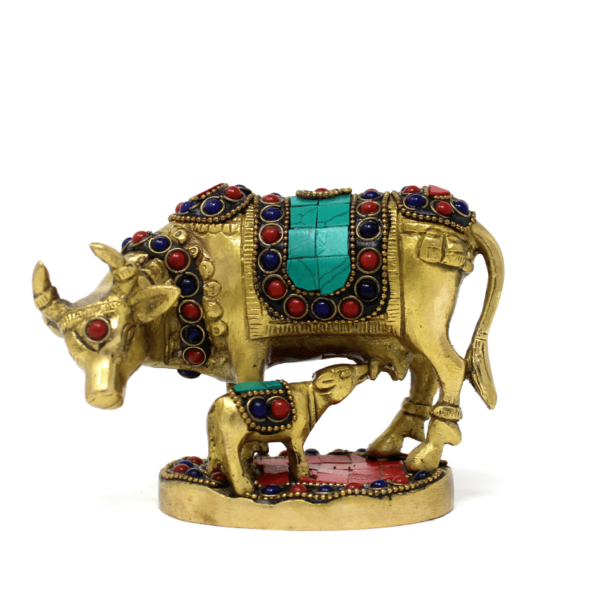 Pure Brass Fine colourful meenakari stonework cow and calf