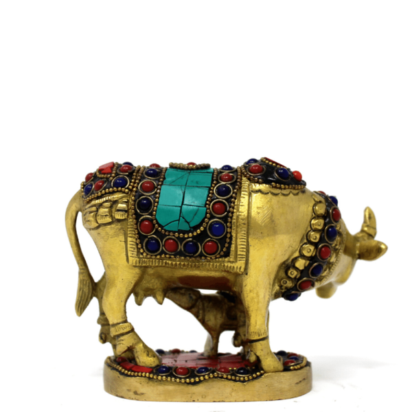 Pure Brass Fine colourful meenakari stonework cow and calf