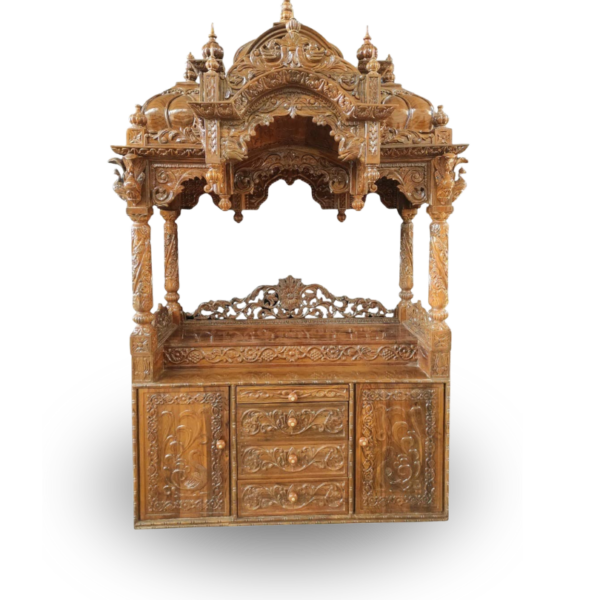 Super Deluxe Home Altar - Teak Wood Home Temple with Hand-Carved Design - Pooja Mandir/Mandap for Home Decoration